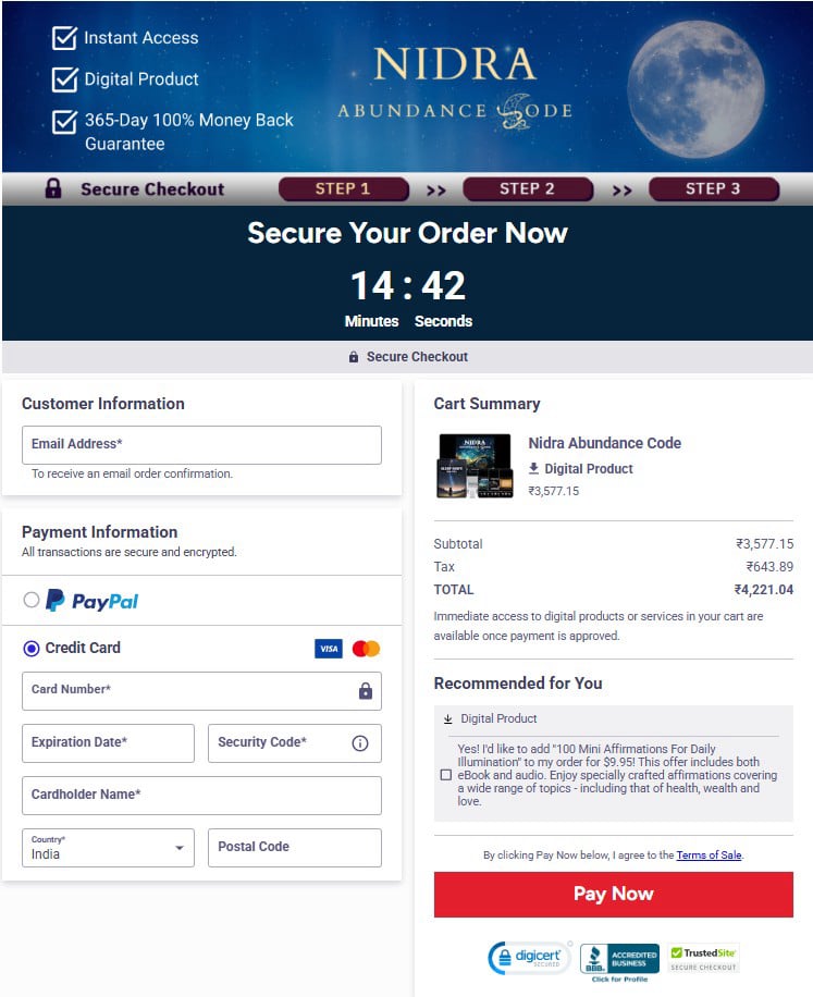 Nidra Abundance Code Checkout Page